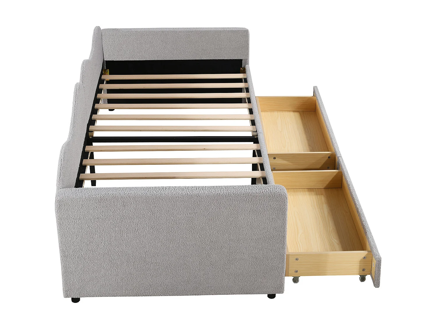 Łóżko tapicerowane 90 x 200 cm z 2 szufladami, sofa rozkładana - tkanina miś - kolor szary