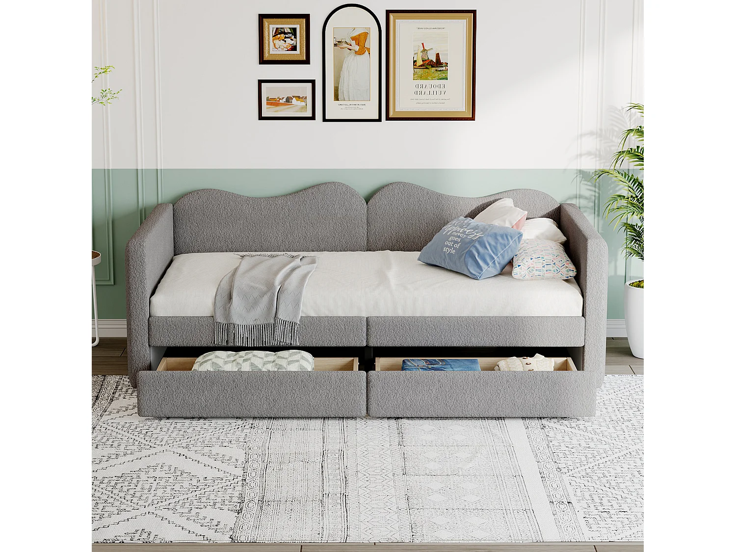 Lit capitonné 90 x 200 cm avec 2 tiroirs, canapé-lit - tissu ours en peluche - coloris gris