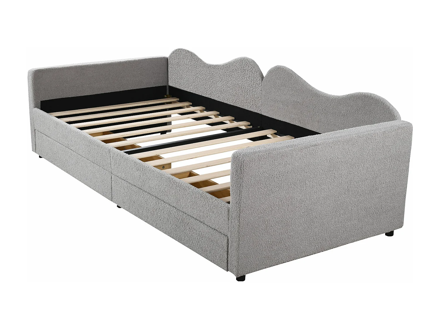 Lit capitonné 90 x 200 cm avec 2 tiroirs, canapé-lit - tissu ours en peluche - coloris gris