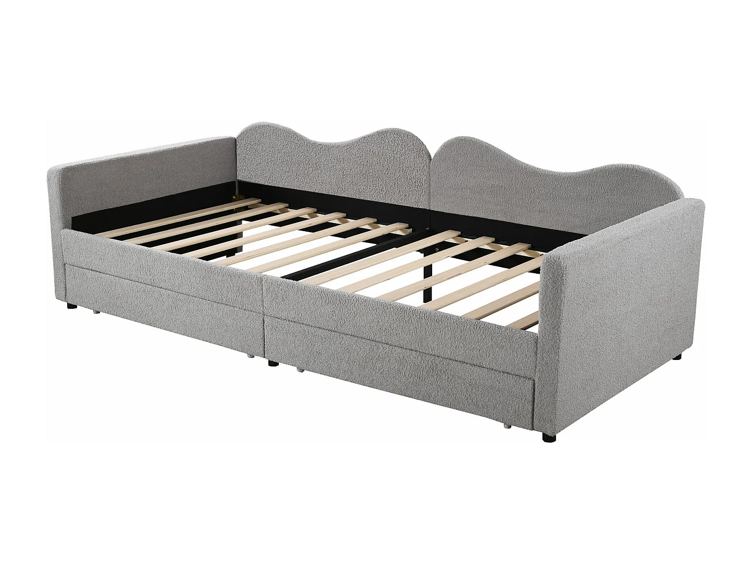 Lit capitonné 90 x 200 cm avec 2 tiroirs, canapé-lit - tissu ours en peluche - coloris gris