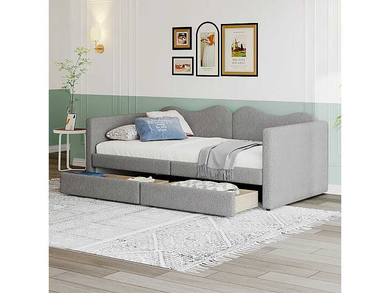 Polsterbett 90 x 200 cm mit 2 Schubladen, Schlafsofa – Teddybärstoff – graue Farbe
