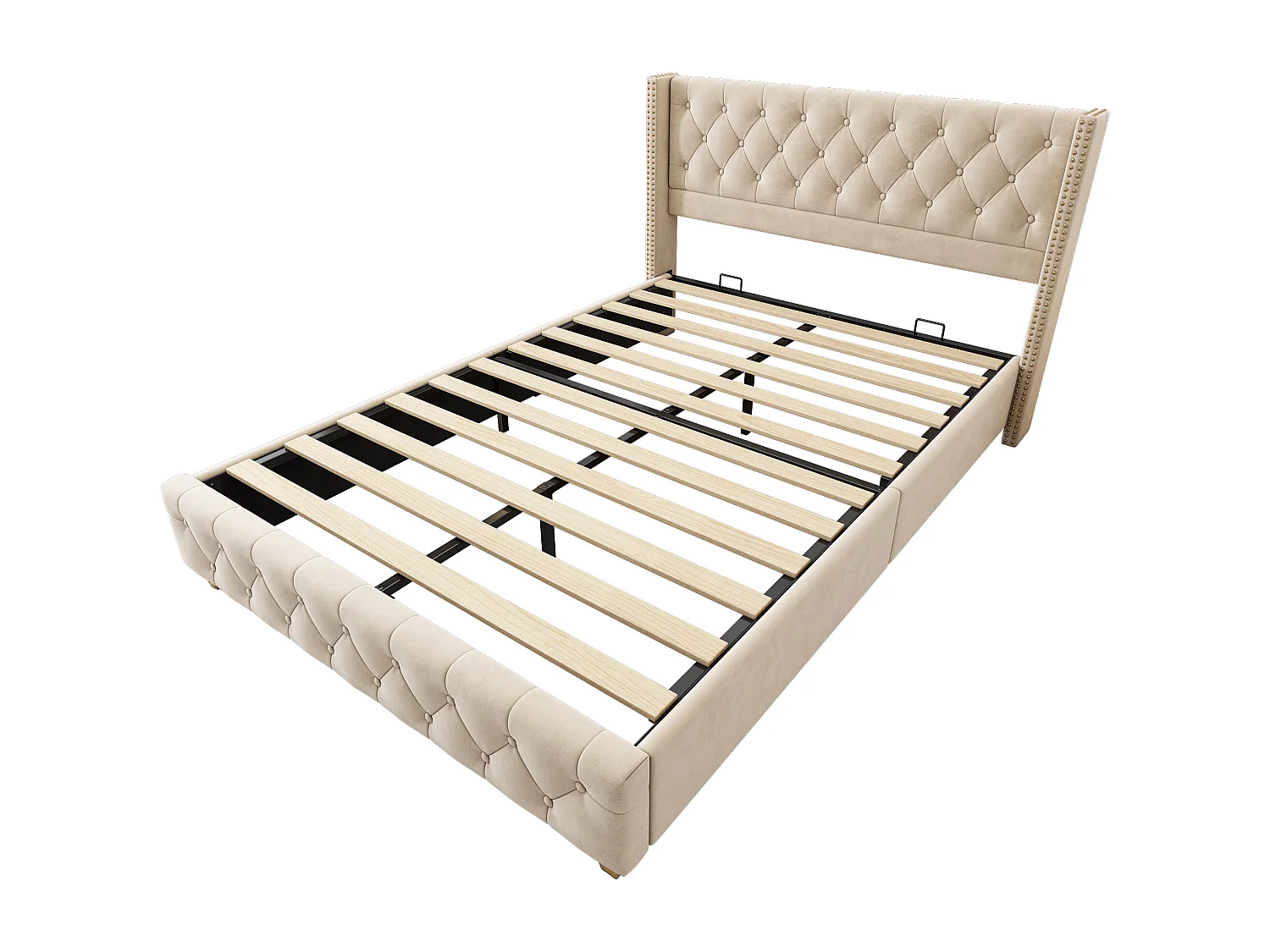 Cama para adultos 160 x 200 cm con cabecero - terciopelo - decoración con botones y remaches - beige claro