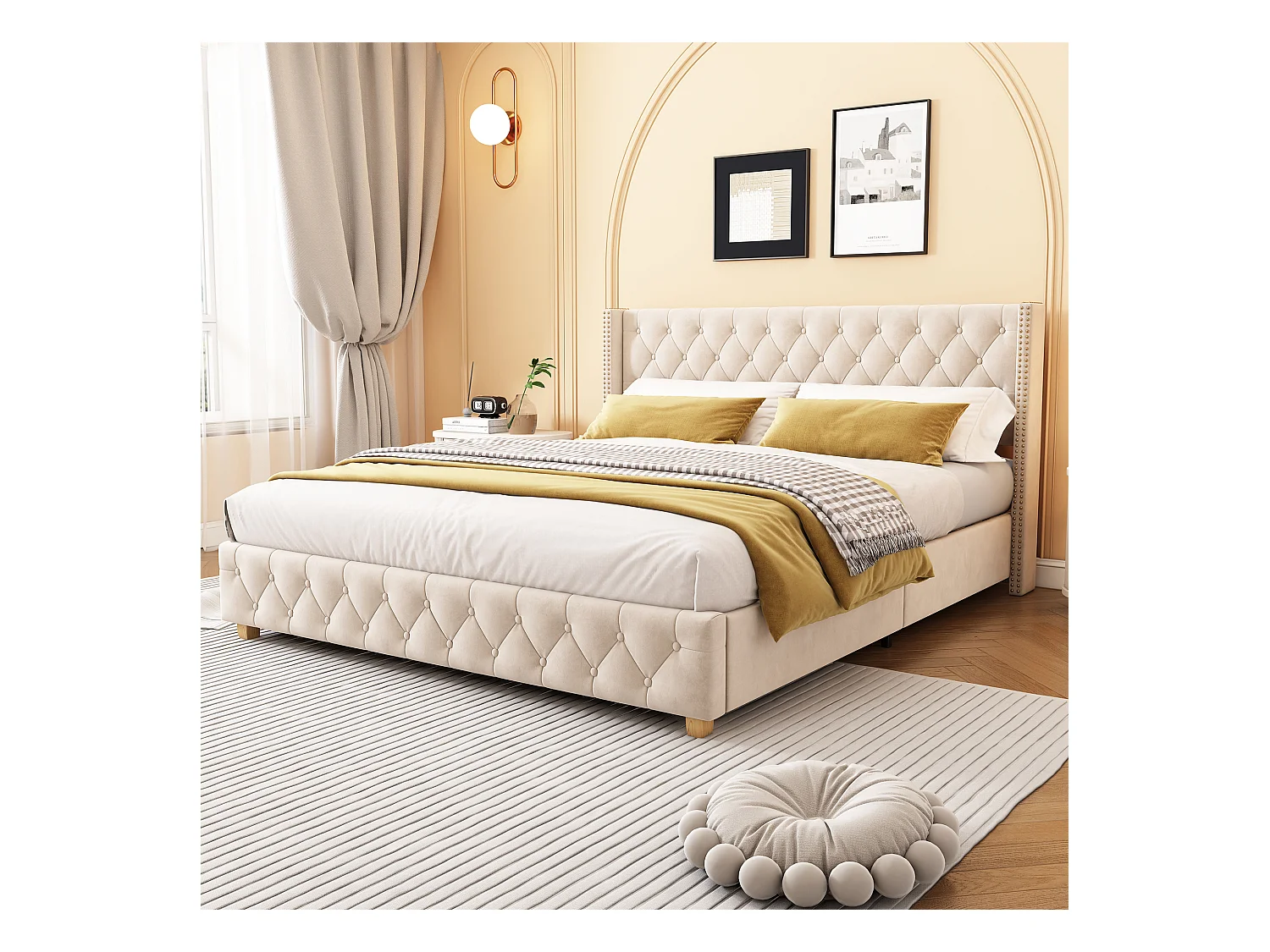 Lit adulte 160 x 200 cm avec tête de lit - velours - décor avec boutons et rivets - beige clair