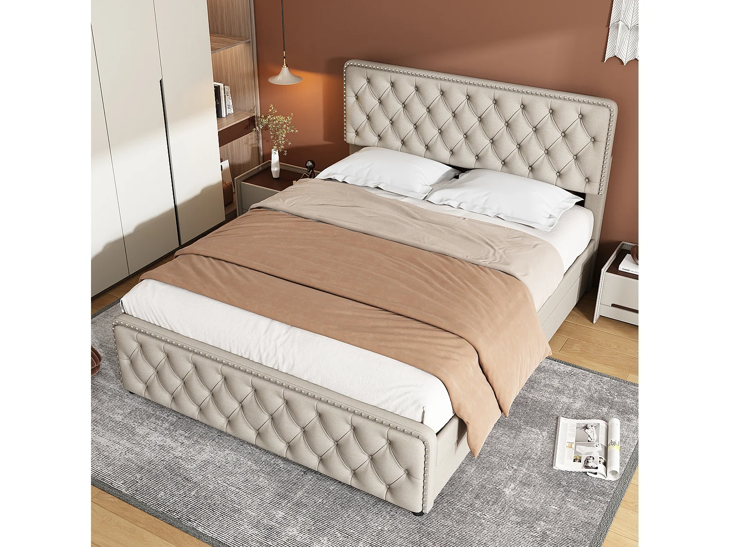Gestoffeerd bed 140 x 190 cm met 4 lades en verstelbaar hoofdeinde - Linnen stof - Kleur beige
