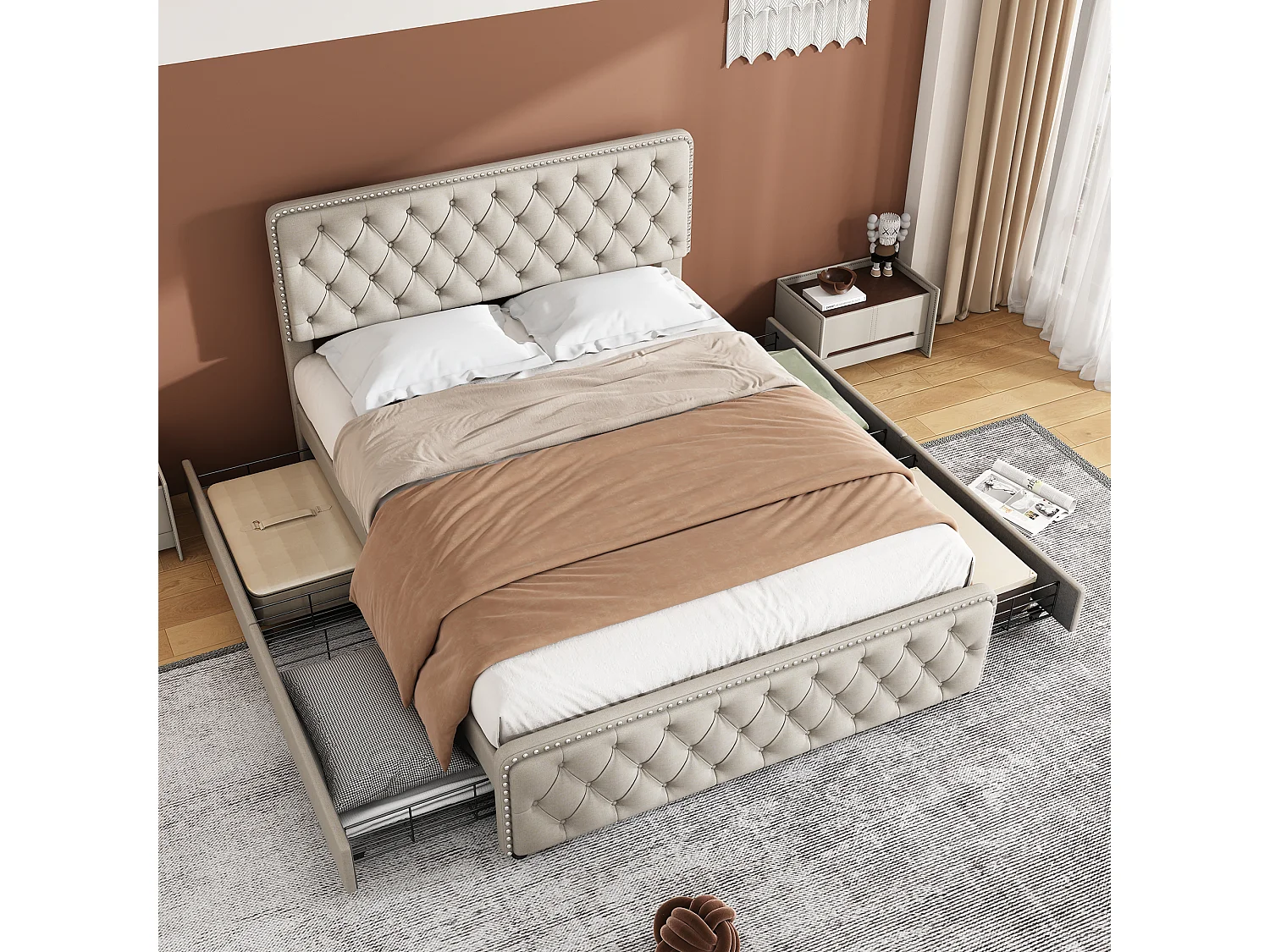 Gestoffeerd bed 140 x 190 cm met 4 lades en verstelbaar hoofdeinde - Linnen stof - Kleur beige