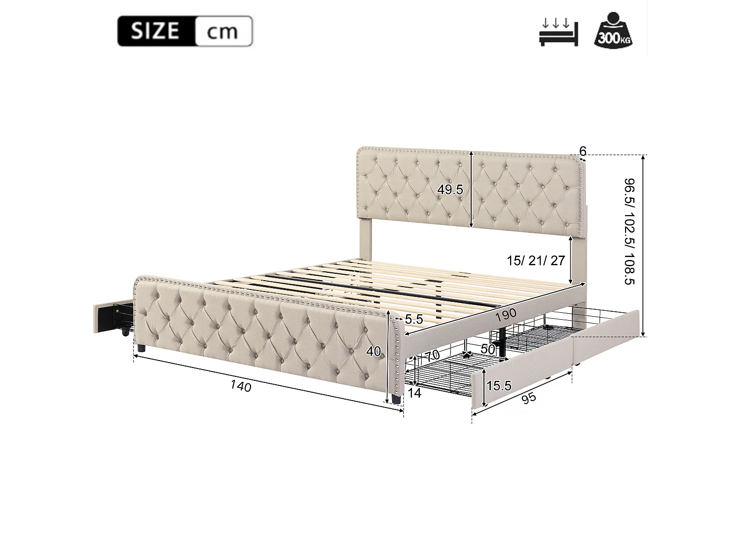 Gestoffeerd bed 140 x 190 cm met 4 lades en verstelbaar hoofdeinde - Linnen stof - Kleur beige
