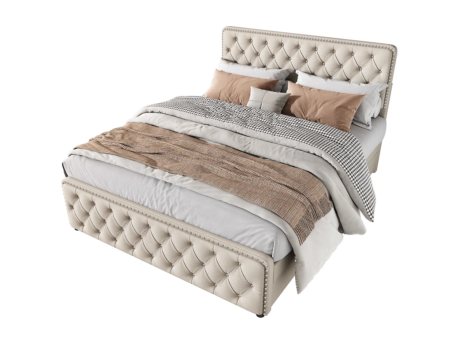 Gestoffeerd bed 140 x 190 cm met 4 lades en verstelbaar hoofdeinde - Linnen stof - Kleur beige