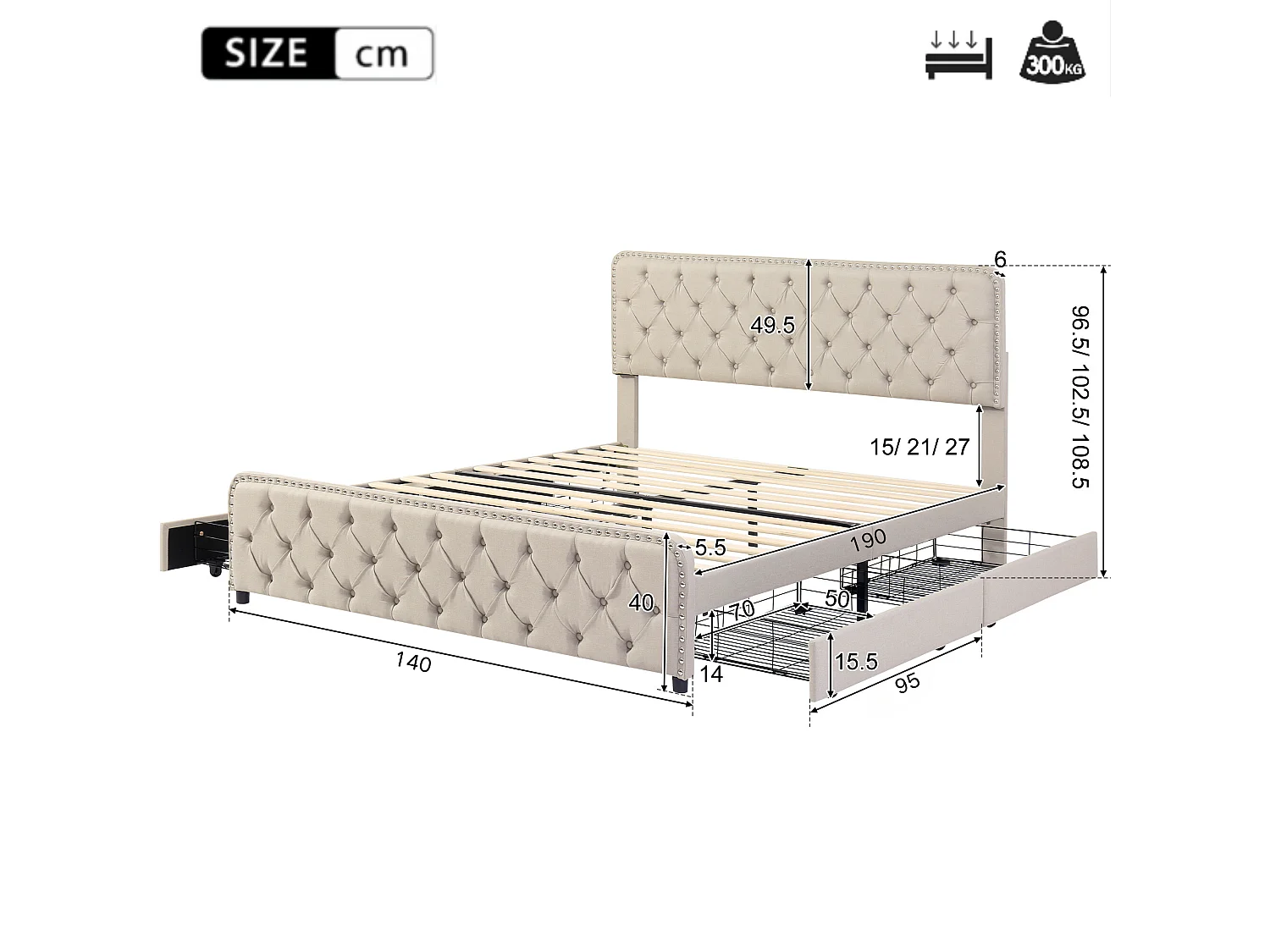 Gestoffeerd bed 140 x 190 cm met 4 lades en verstelbaar hoofdeinde - Linnen stof - Kleur beige