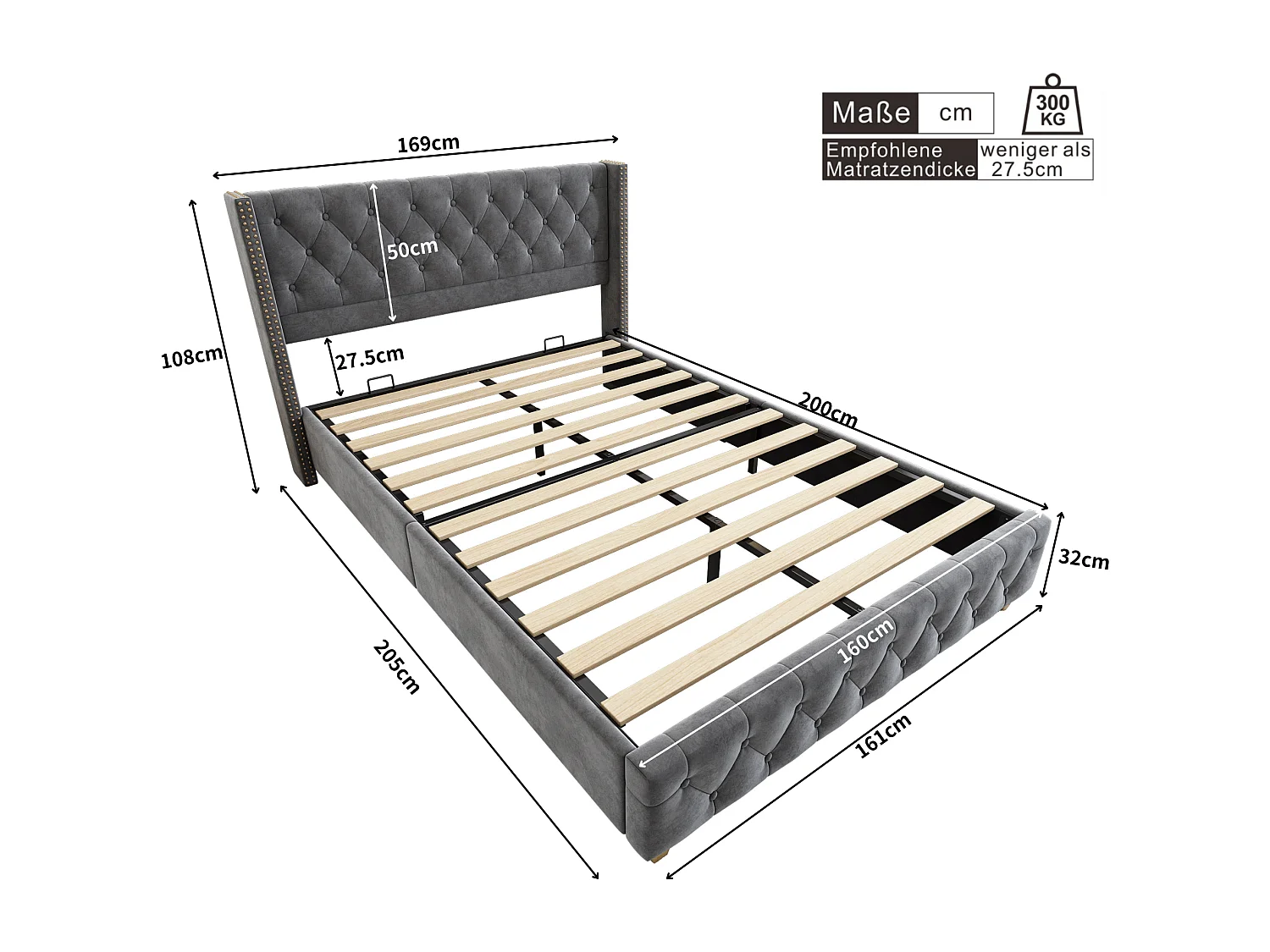 Letto per adulti 160 x 200 cm con testiera - velluto - decorazione con bottoni e rivetti - grigio