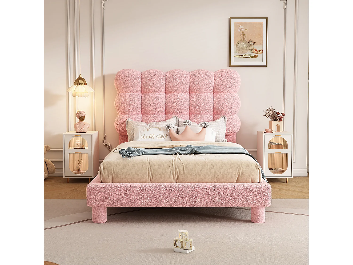 Cama acolchoada 90 x 200 cm com cabeceira ajustável - Tecido plush - Moderno e Simples - Cor rosa