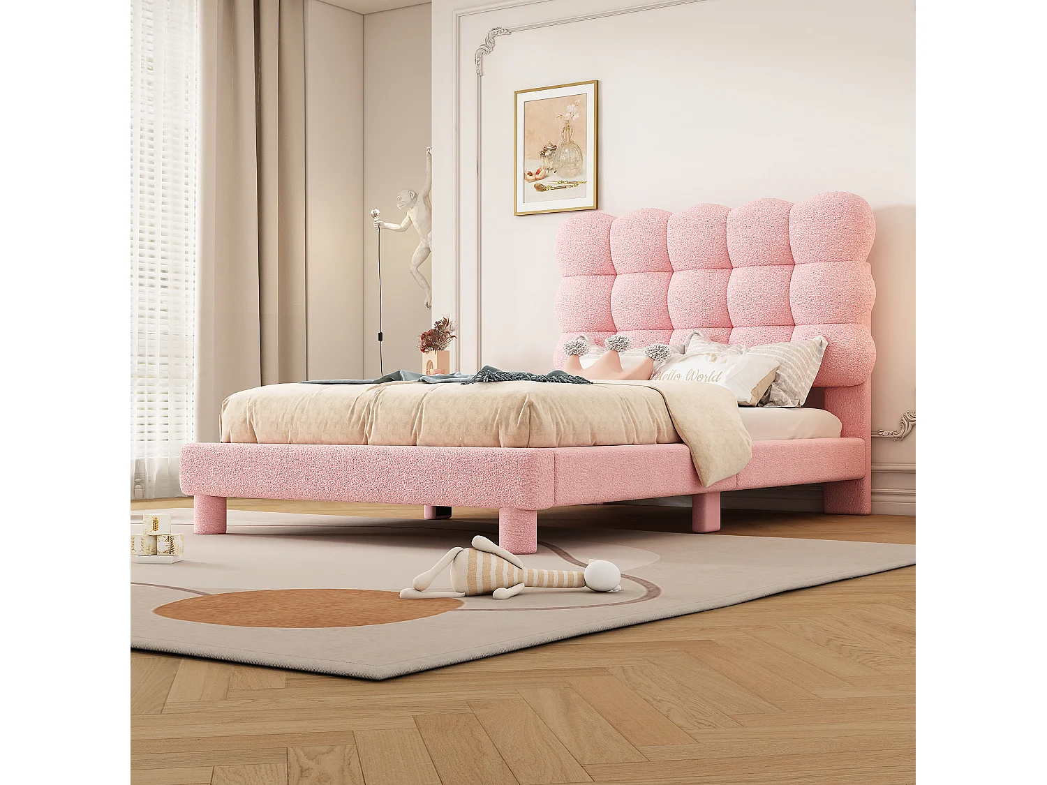 Cama acolchoada 90 x 200 cm com cabeceira ajustável - Tecido plush - Moderno e Simples - Cor rosa