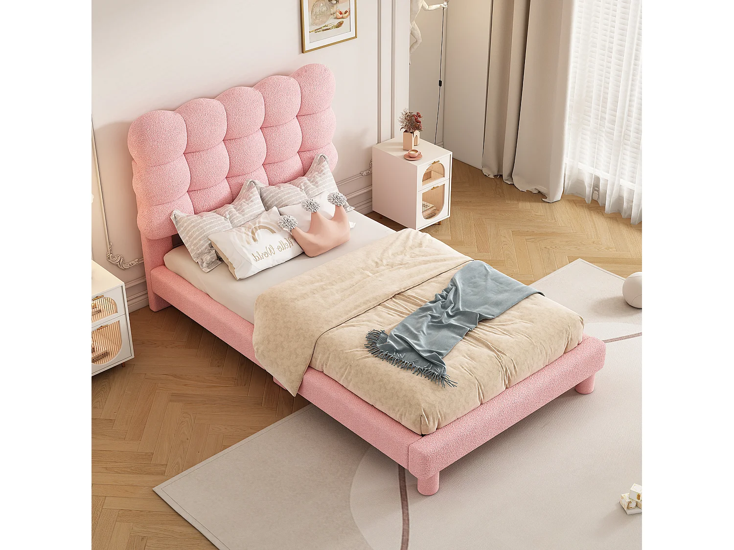 Cama acolchoada 90 x 200 cm com cabeceira ajustável - Tecido plush - Moderno e Simples - Cor rosa