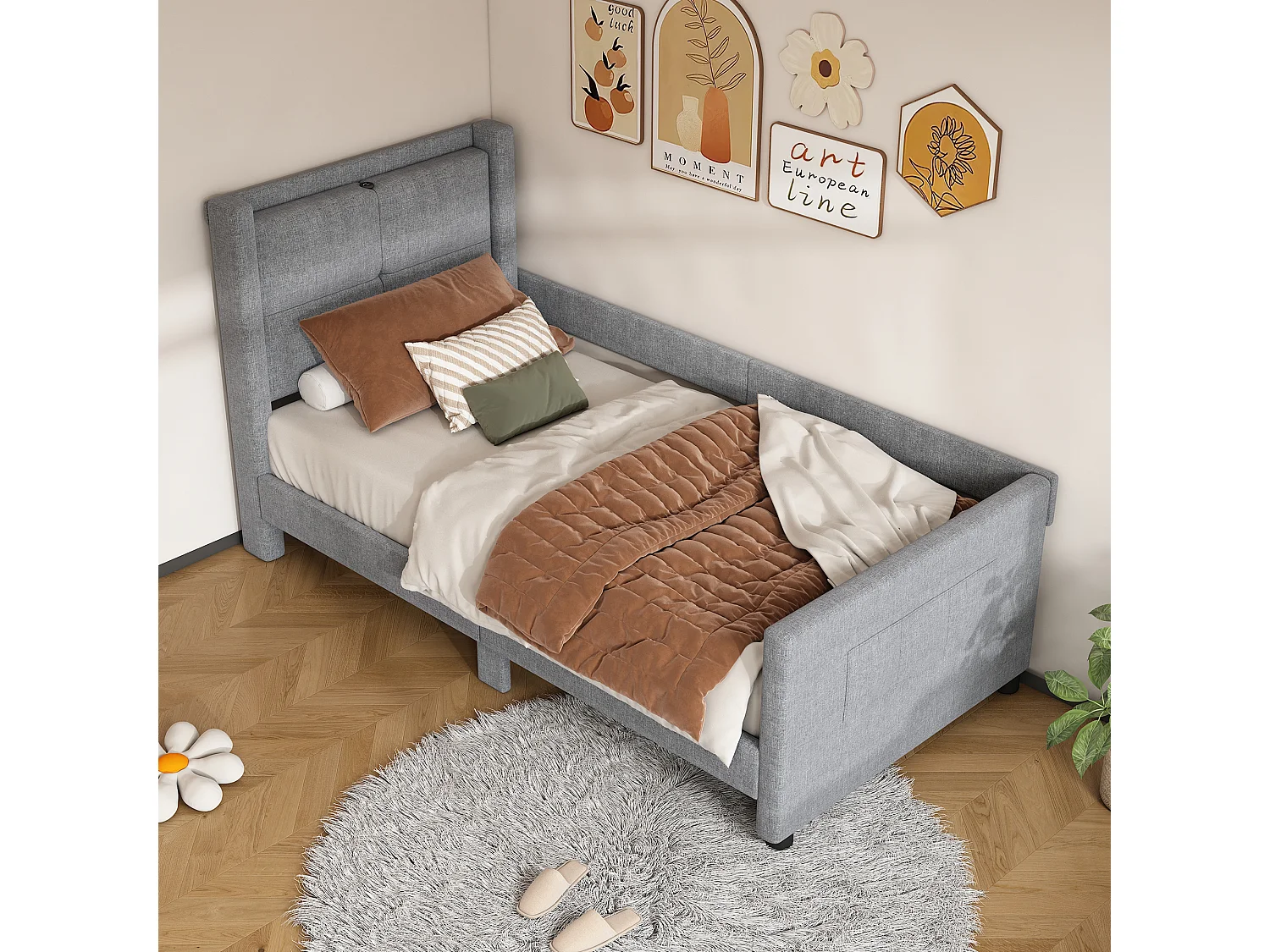 Gestoffeerd bed 90 x 200 cm met hoofdeinde - USB-poorten en zijbescherming - Linnen stof - Kleur grijs