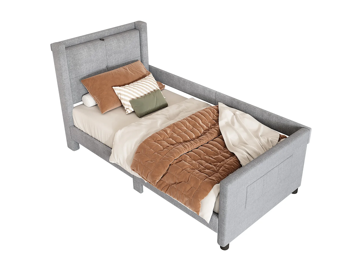 Gestoffeerd bed 90 x 200 cm met hoofdeinde - USB-poorten en zijbescherming - Linnen stof - Kleur grijs