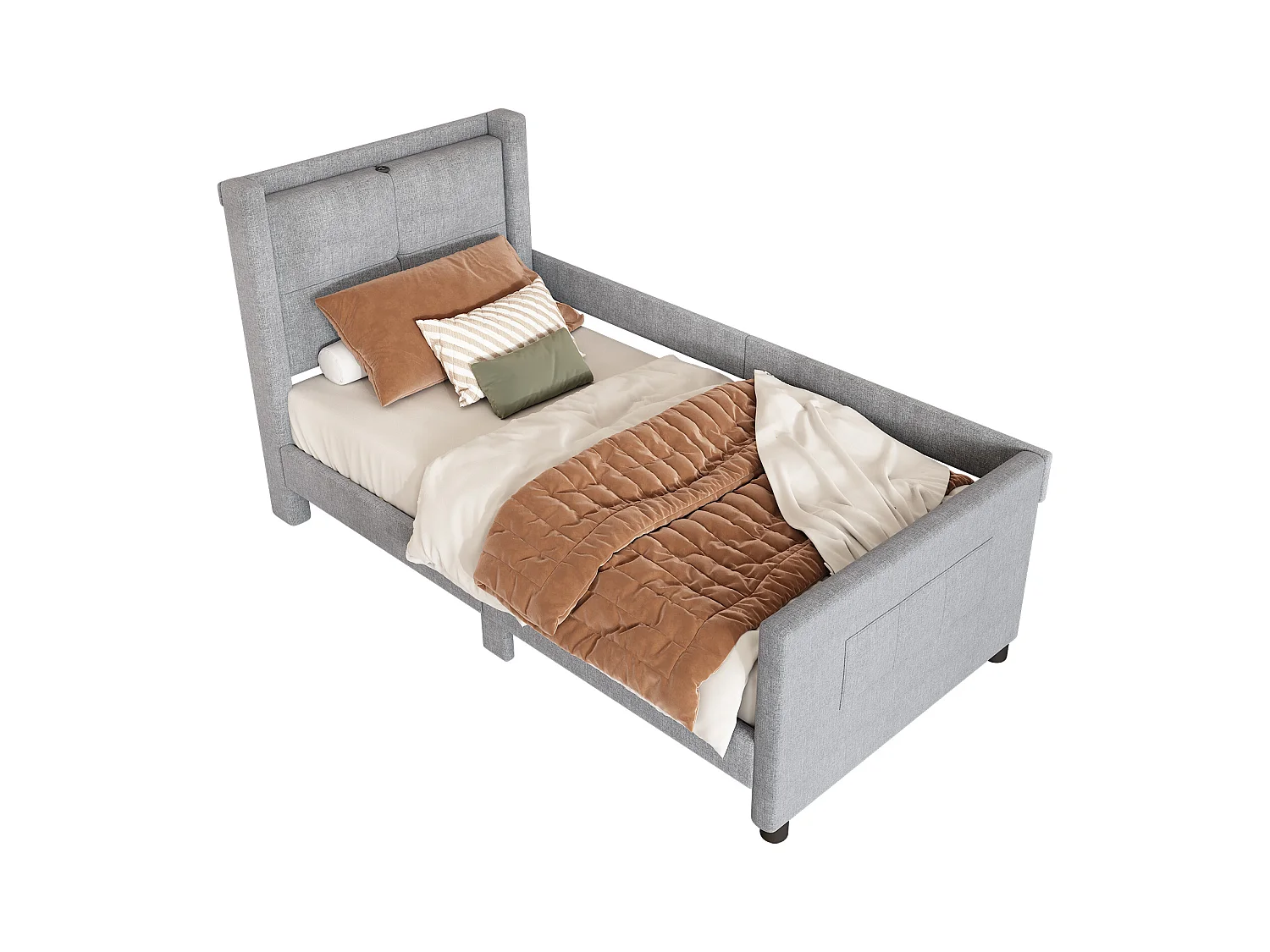 Gestoffeerd bed 90 x 200 cm met hoofdeinde - USB-poorten en zijbescherming - Linnen stof - Kleur grijs
