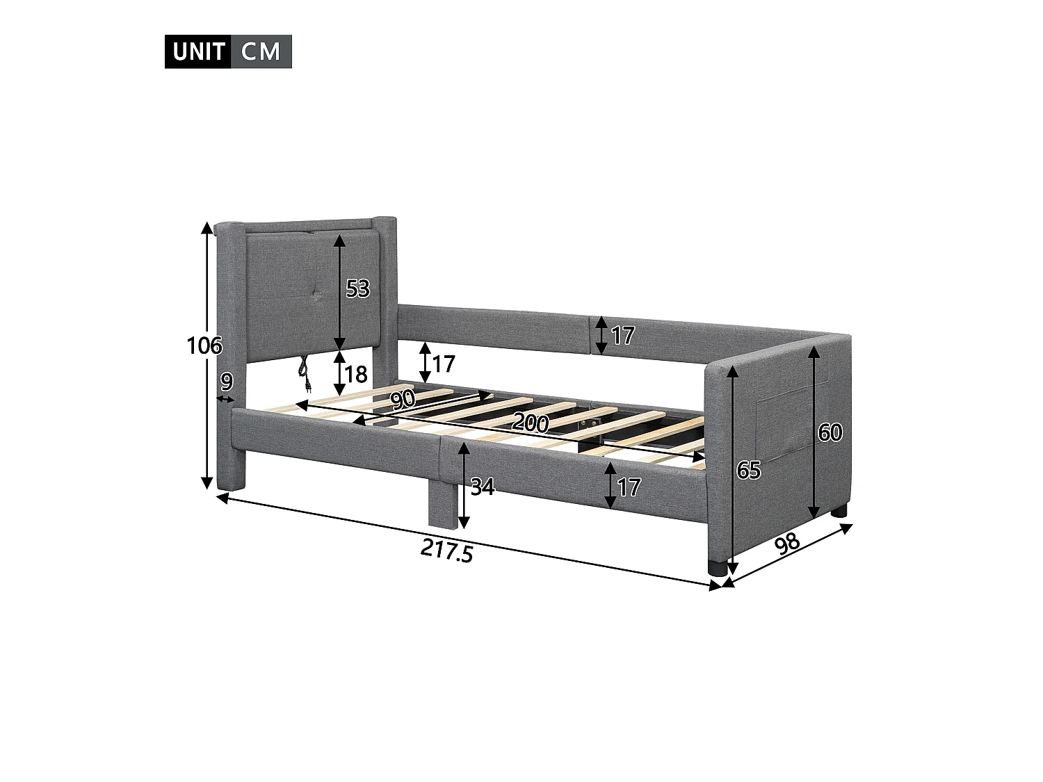 Gestoffeerd bed 90 x 200 cm met hoofdeinde - USB-poorten en zijbescherming - Linnen stof - Kleur grijs