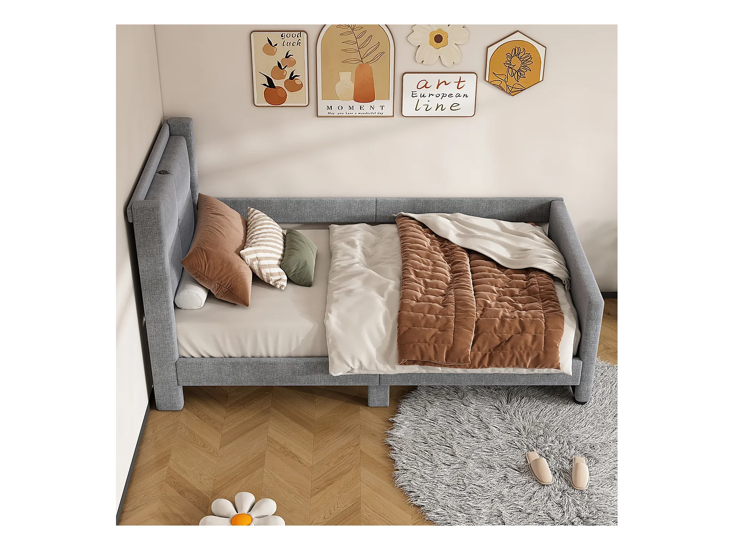 Gestoffeerd bed 90 x 200 cm met hoofdeinde - USB-poorten en zijbescherming - Linnen stof - Kleur grijs