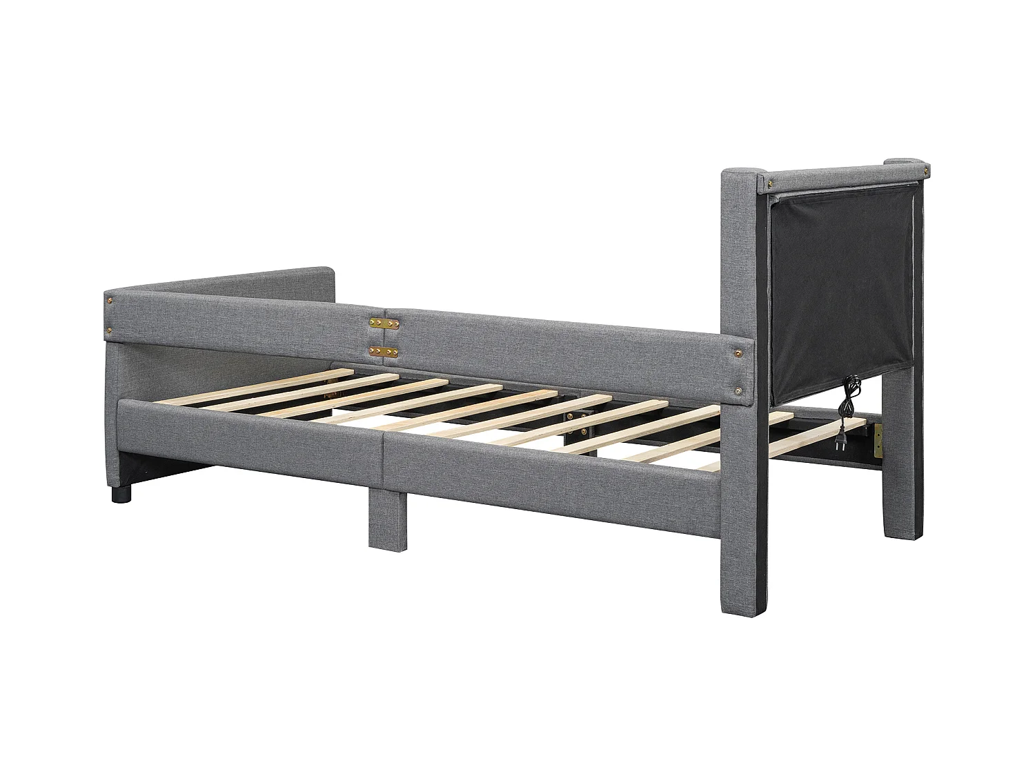Gestoffeerd bed 90 x 200 cm met hoofdeinde - USB-poorten en zijbescherming - Linnen stof - Kleur grijs