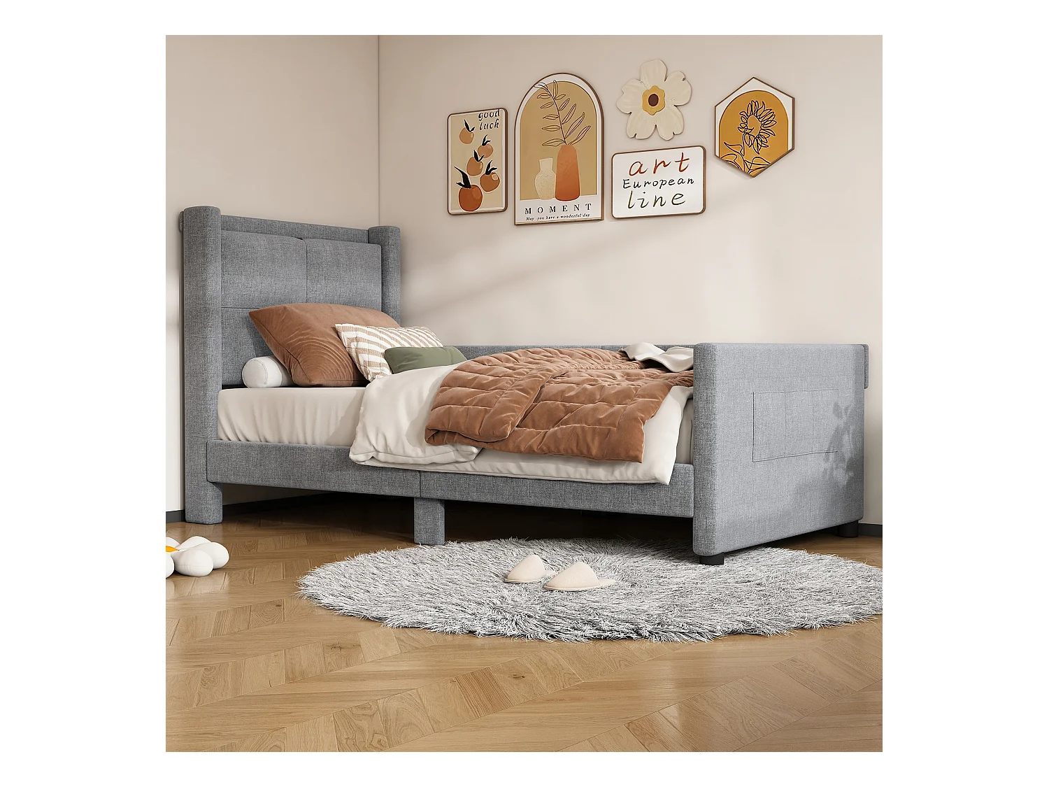 Gestoffeerd bed 90 x 200 cm met hoofdeinde - USB-poorten en zijbescherming - Linnen stof - Kleur grijs