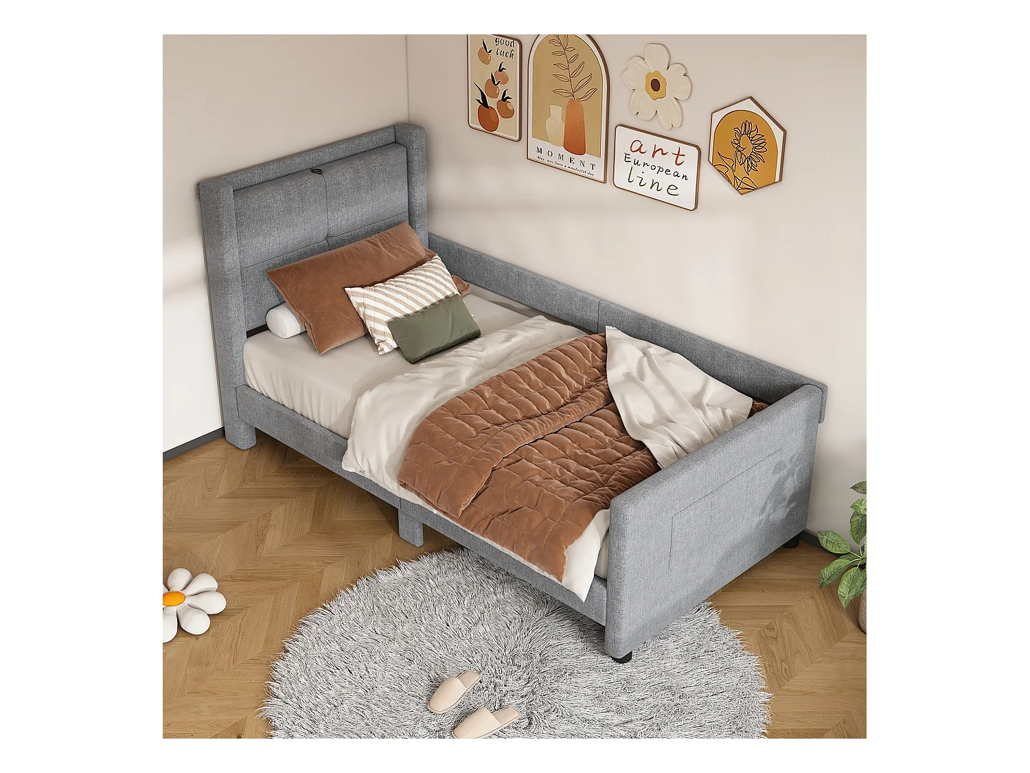 Gestoffeerd bed 90 x 200 cm met hoofdeinde - USB-poorten en zijbescherming - Linnen stof - Kleur grijs