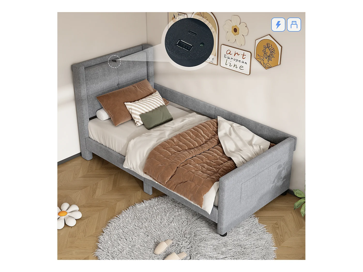 Gestoffeerd bed 90 x 200 cm met hoofdeinde - USB-poorten en zijbescherming - Linnen stof - Kleur grijs