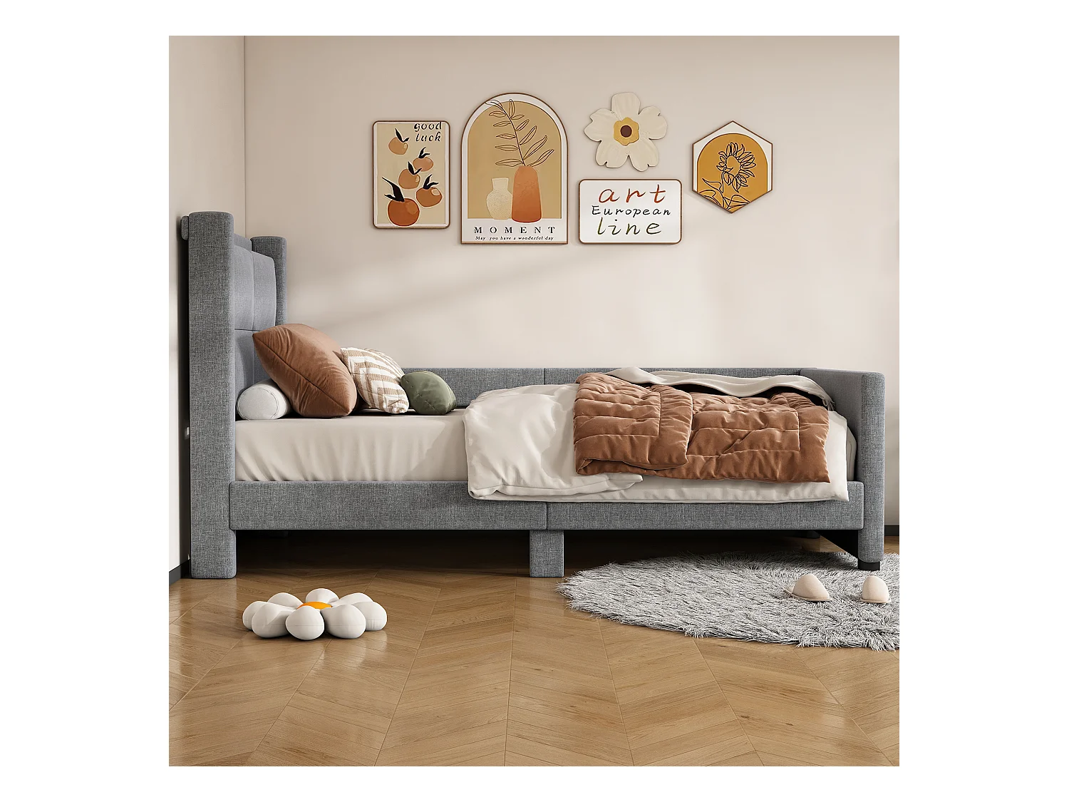 Gestoffeerd bed 90 x 200 cm met hoofdeinde - USB-poorten en zijbescherming - Linnen stof - Kleur grijs
