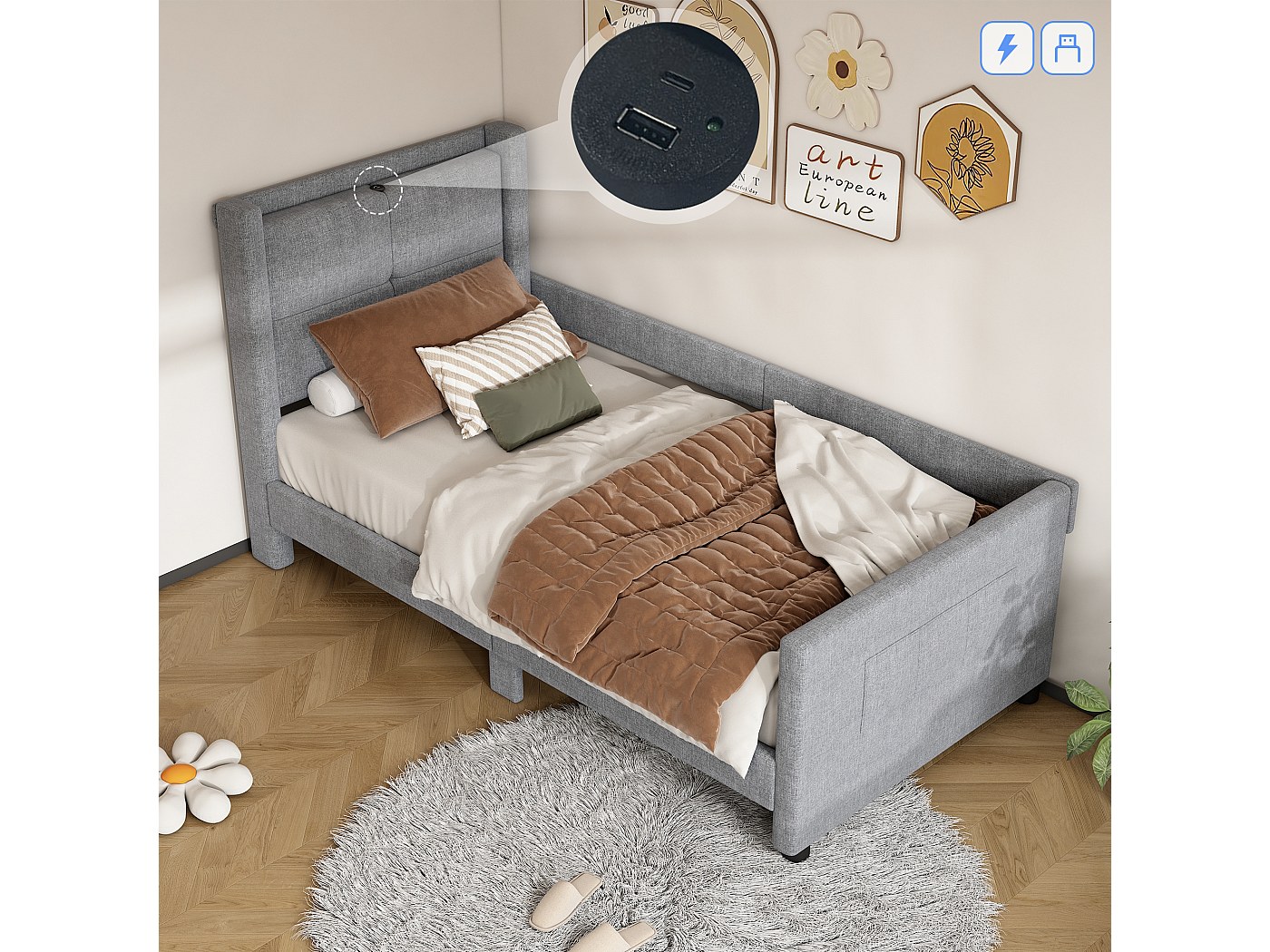 Letto imbottito 90 x 200 cm con testiera - Prese USB e protezioni ...