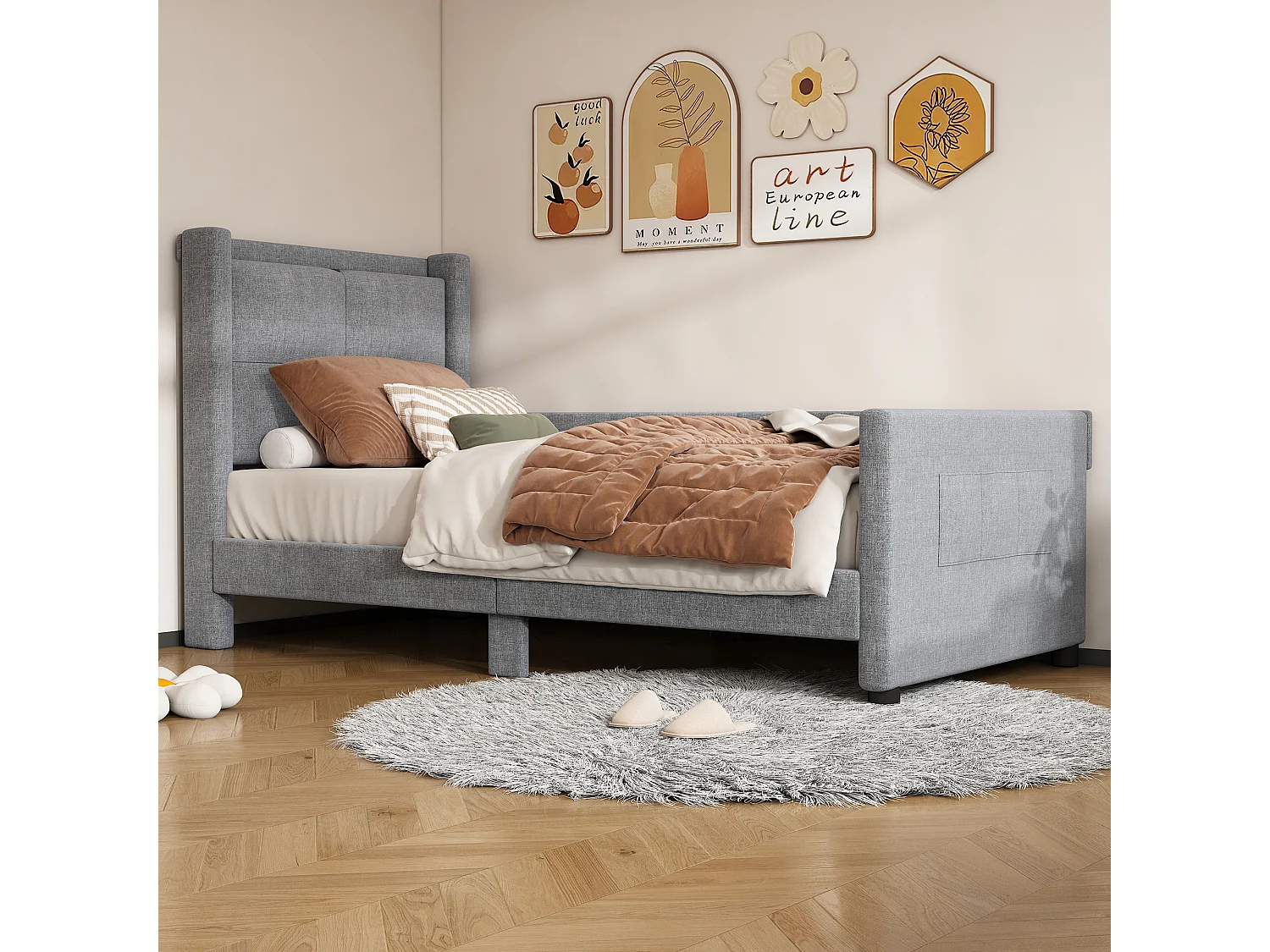 Gestoffeerd bed 90 x 200 cm met hoofdeinde - USB-poorten en zijbescherming - Linnen stof - Kleur grijs