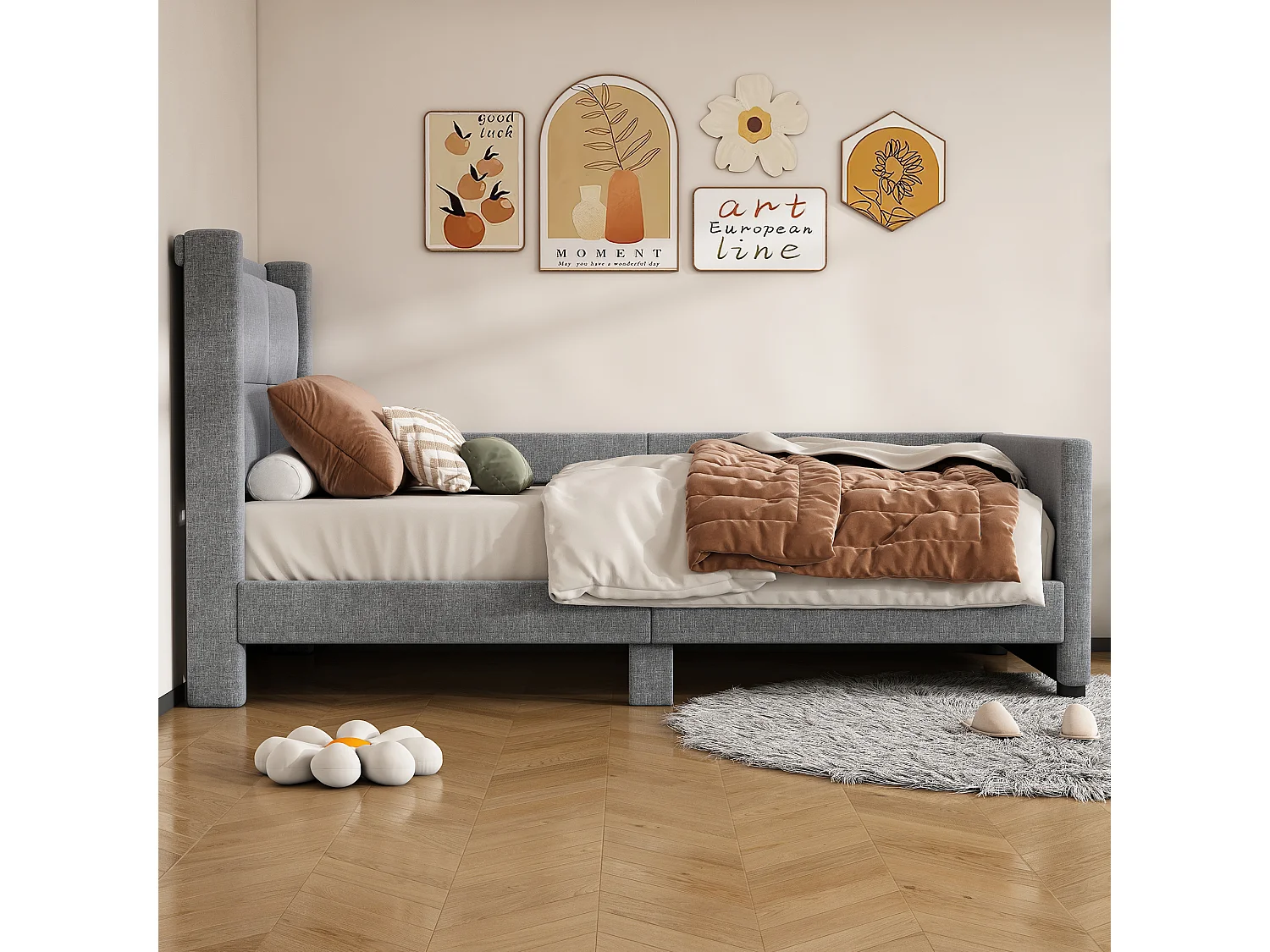Gestoffeerd bed 90 x 200 cm met hoofdeinde - USB-poorten en zijbescherming - Linnen stof - Kleur grijs