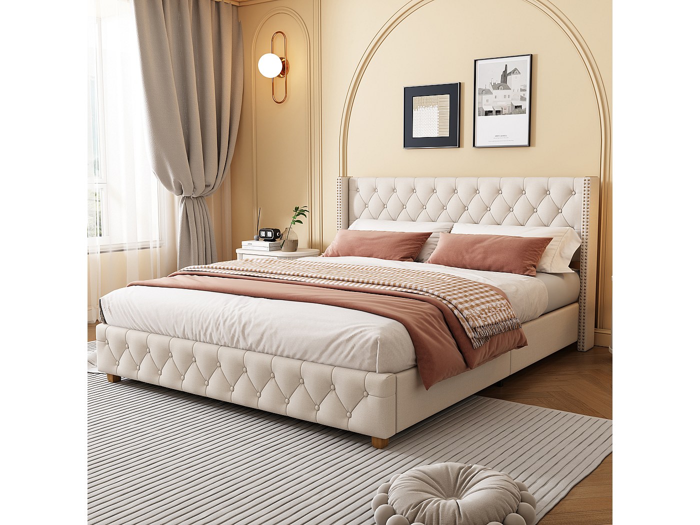 XINZI Gestoffeerd bed, voor slaapkamer, bedden met laden en hoofdeinde