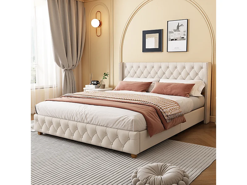 Cama estofada 180 x 200 cm com cabeceira, cama de adulto em linho, decoração com botões e rebites, bege