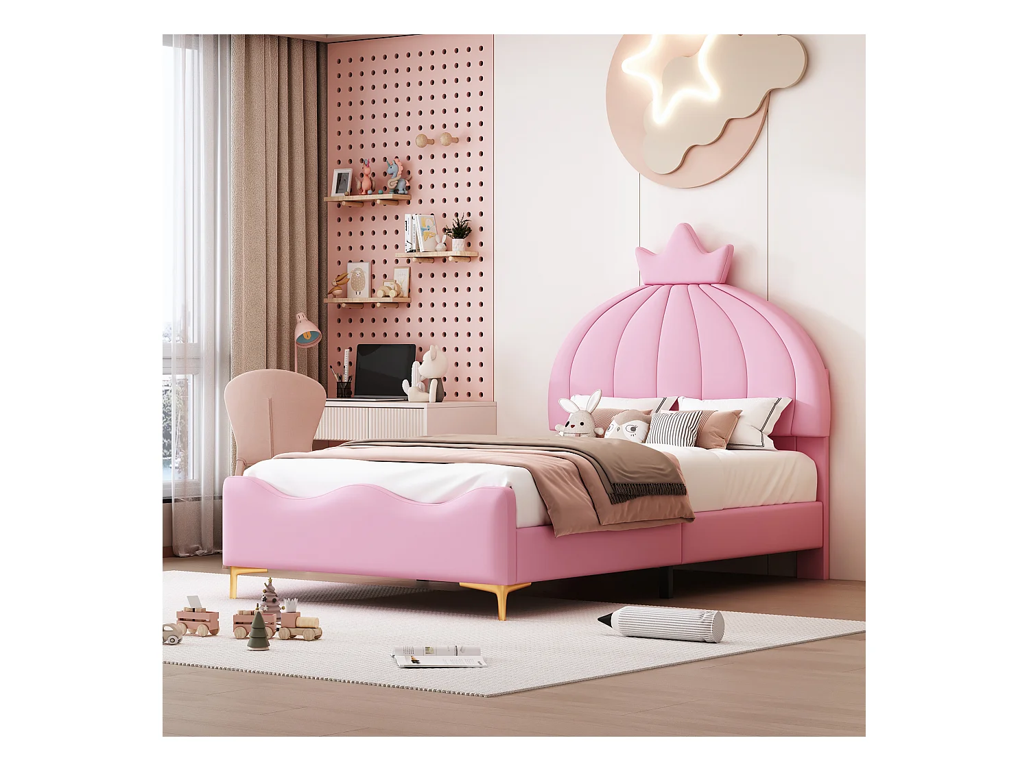 Lit capitonné 90 x 200 cm - Simili cuir et métal - Tête de lit en forme de couronne - Coloris rose