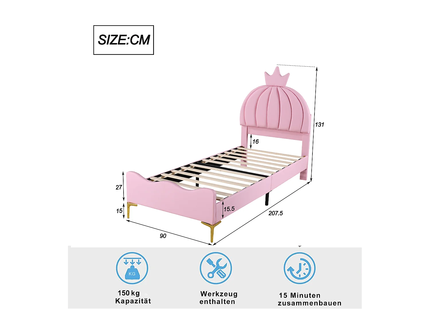 Lit capitonné 90 x 200 cm - Simili cuir et métal - Tête de lit en forme de couronne - Coloris rose