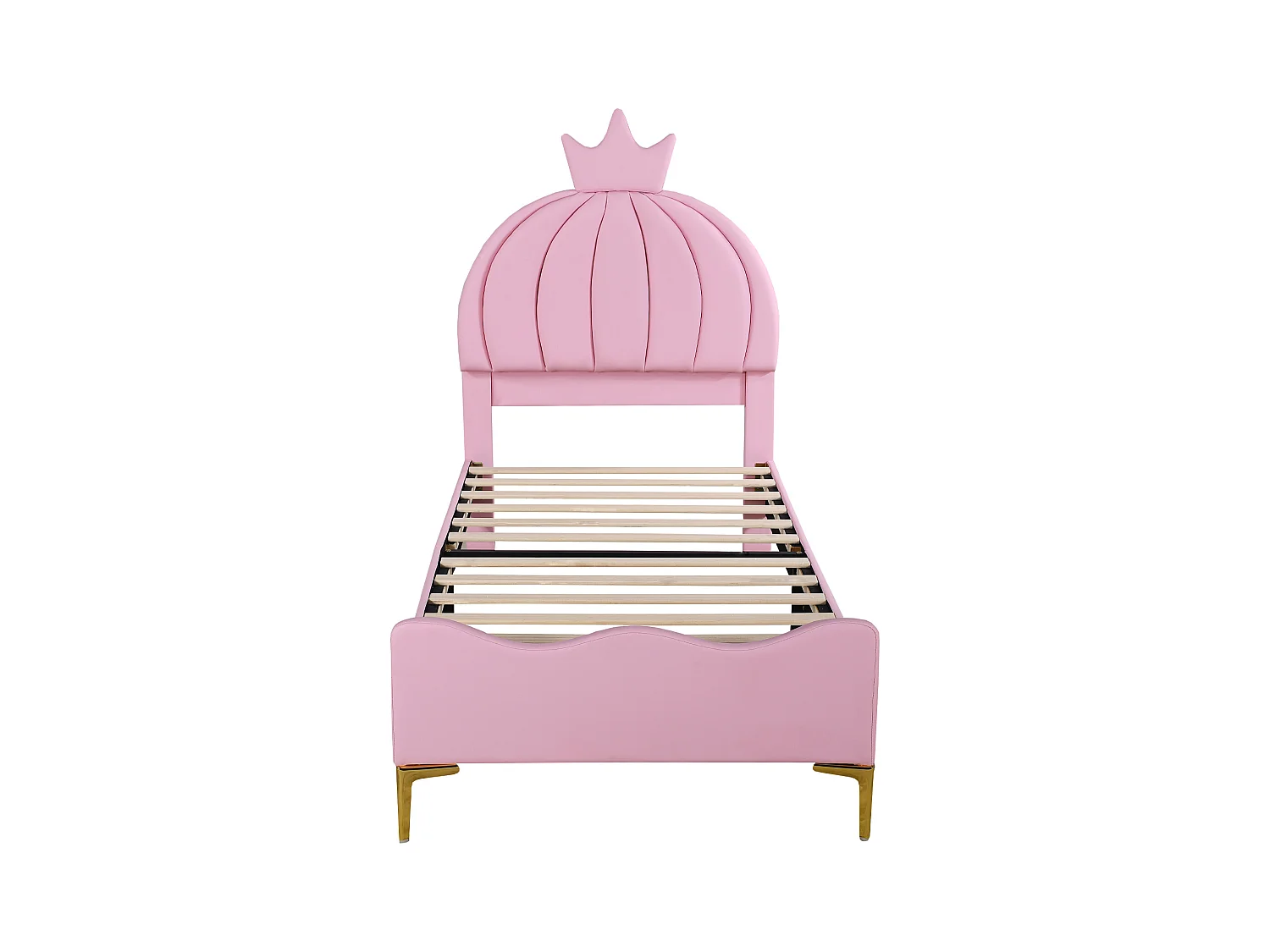 Lit capitonné 90 x 200 cm - Simili cuir et métal - Tête de lit en forme de couronne - Coloris rose