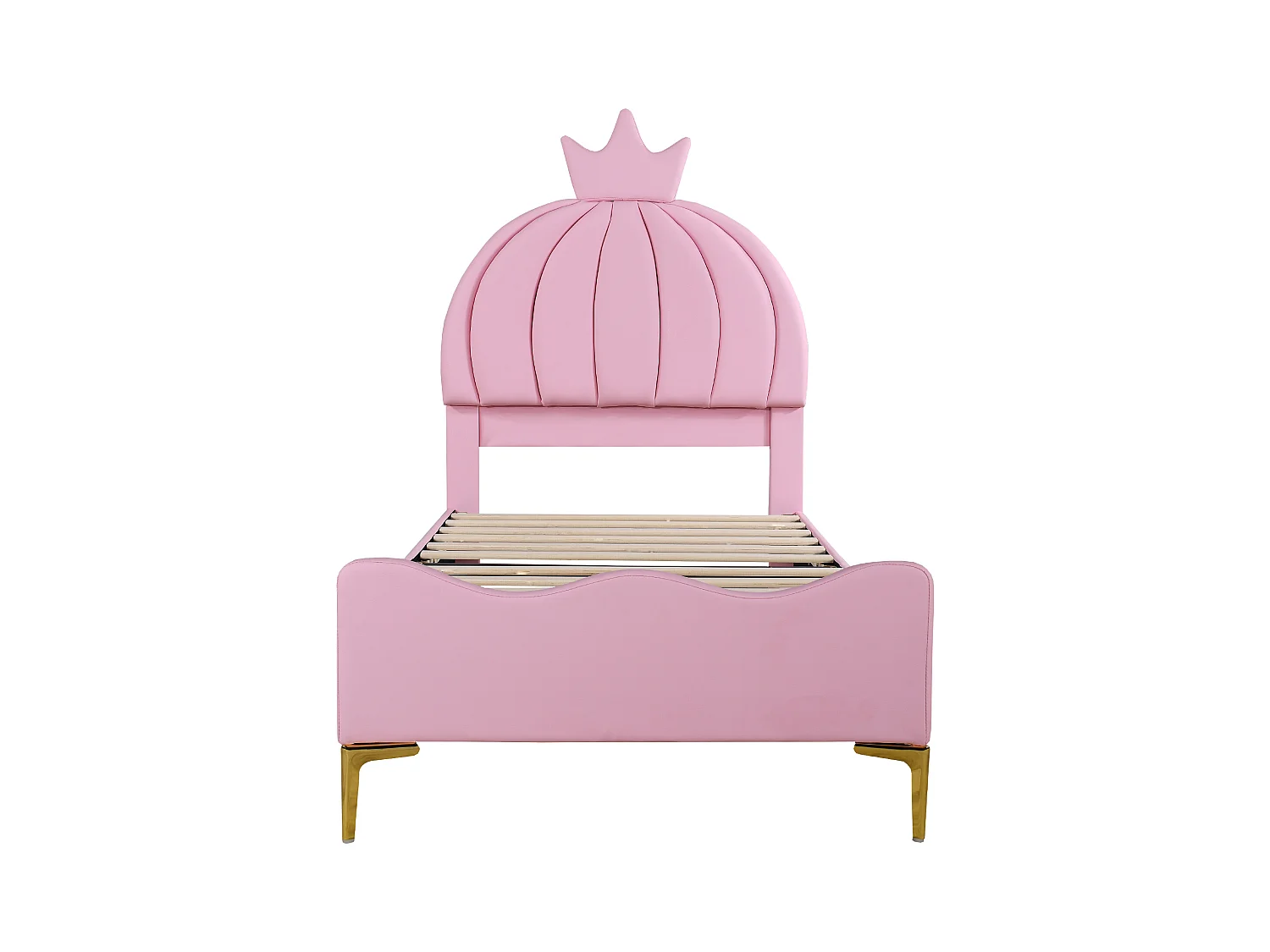 Lit capitonné 90 x 200 cm - Simili cuir et métal - Tête de lit en forme de couronne - Coloris rose