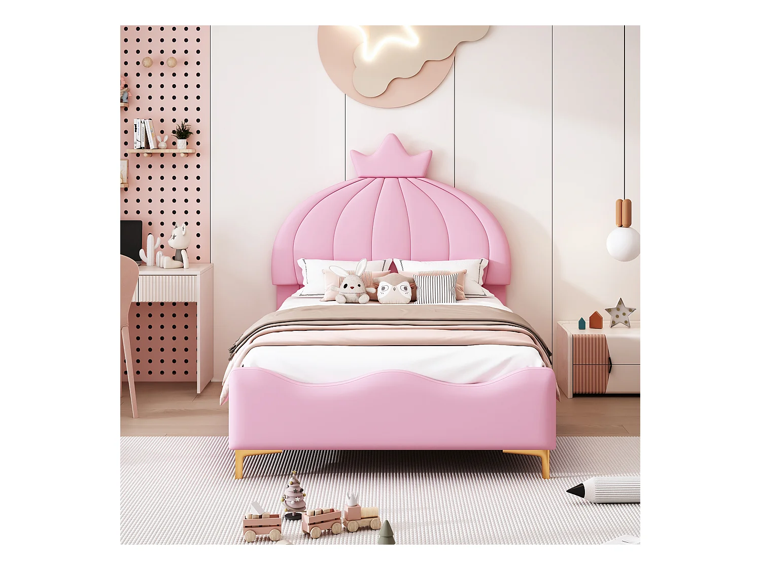 Lit capitonné 90 x 200 cm - Simili cuir et métal - Tête de lit en forme de couronne - Coloris rose