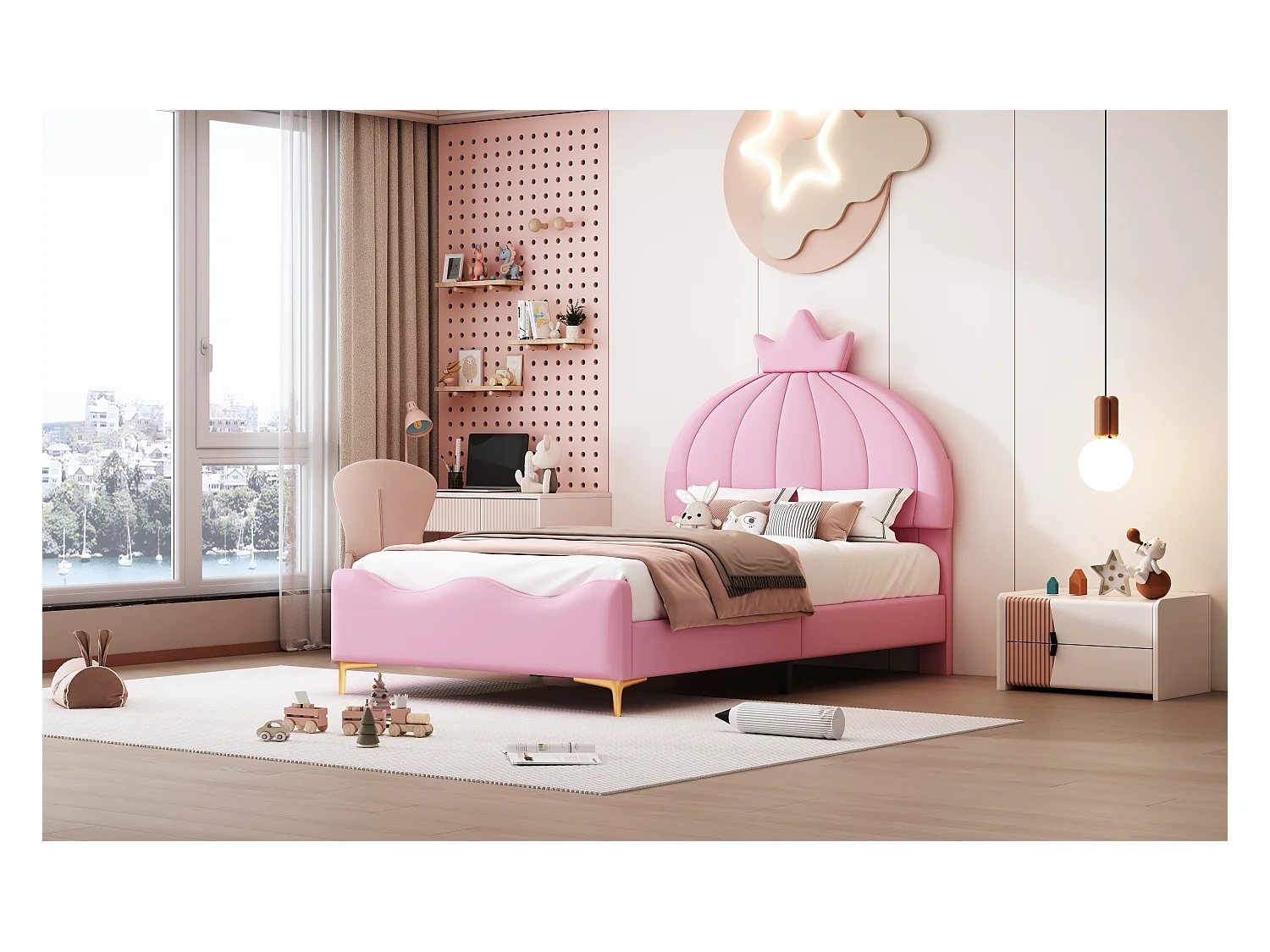 Lit capitonné 90 x 200 cm - Simili cuir et métal - Tête de lit en forme de couronne - Coloris rose