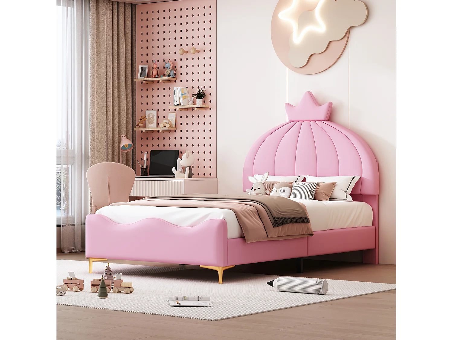 Lit capitonné 90 x 200 cm - Simili cuir et métal - Tête de lit en forme de couronne - Coloris rose