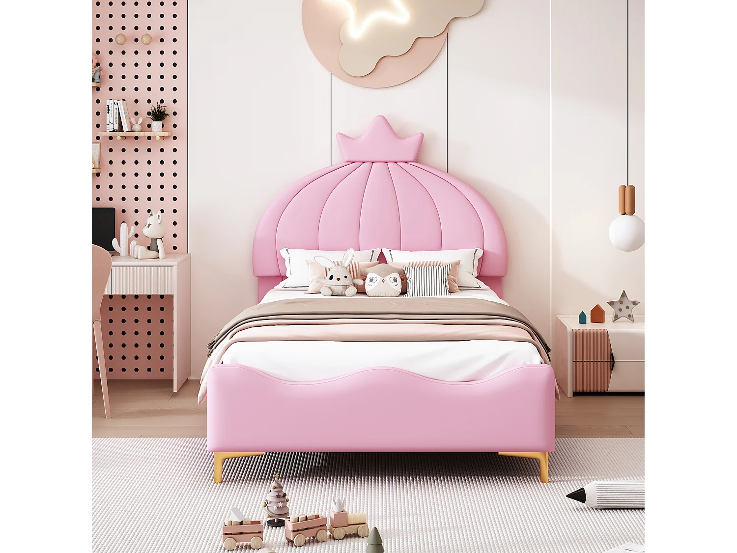 Lit capitonné 90 x 200 cm - Simili cuir et métal - Tête de lit en forme de couronne - Coloris rose