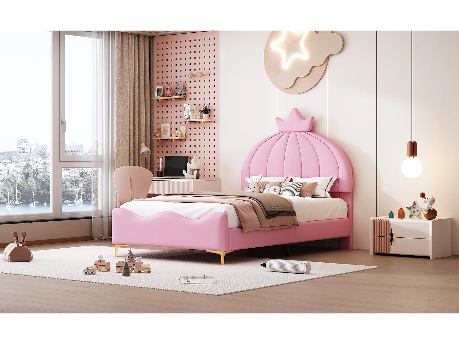 Lit capitonné 90 x 200 cm - Simili cuir et métal - Tête de lit en forme de couronne - Coloris rose