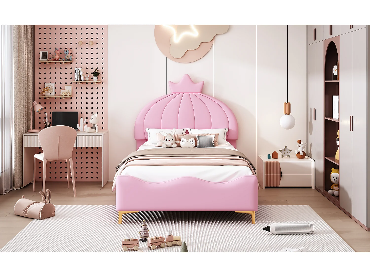 Lit capitonné 90 x 200 cm - Simili cuir et métal - Tête de lit en forme de couronne - Coloris rose