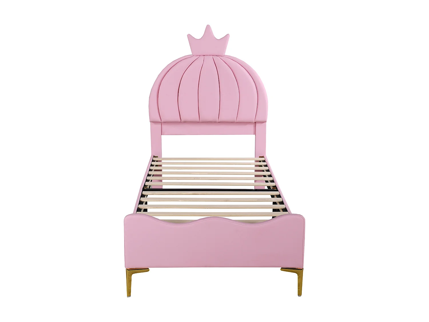 Lit capitonné 90 x 200 cm - Simili cuir et métal - Tête de lit en forme de couronne - Coloris rose