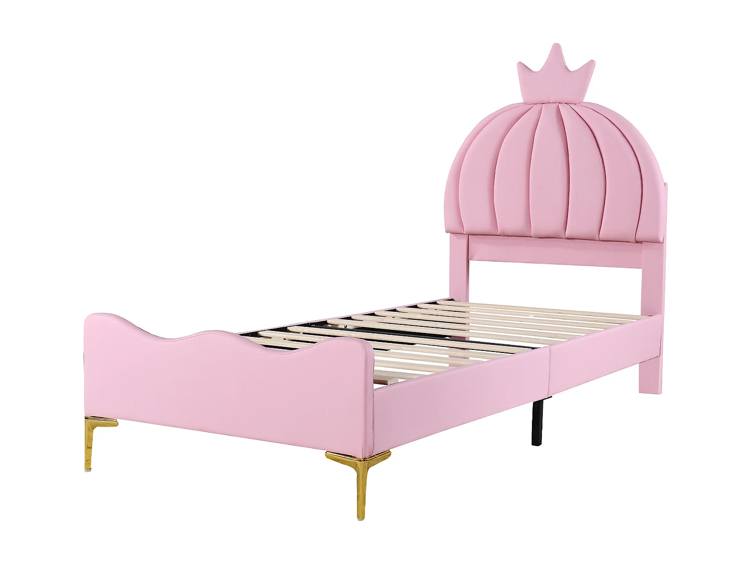 Lit capitonné 90 x 200 cm - Simili cuir et métal - Tête de lit en forme de couronne - Coloris rose