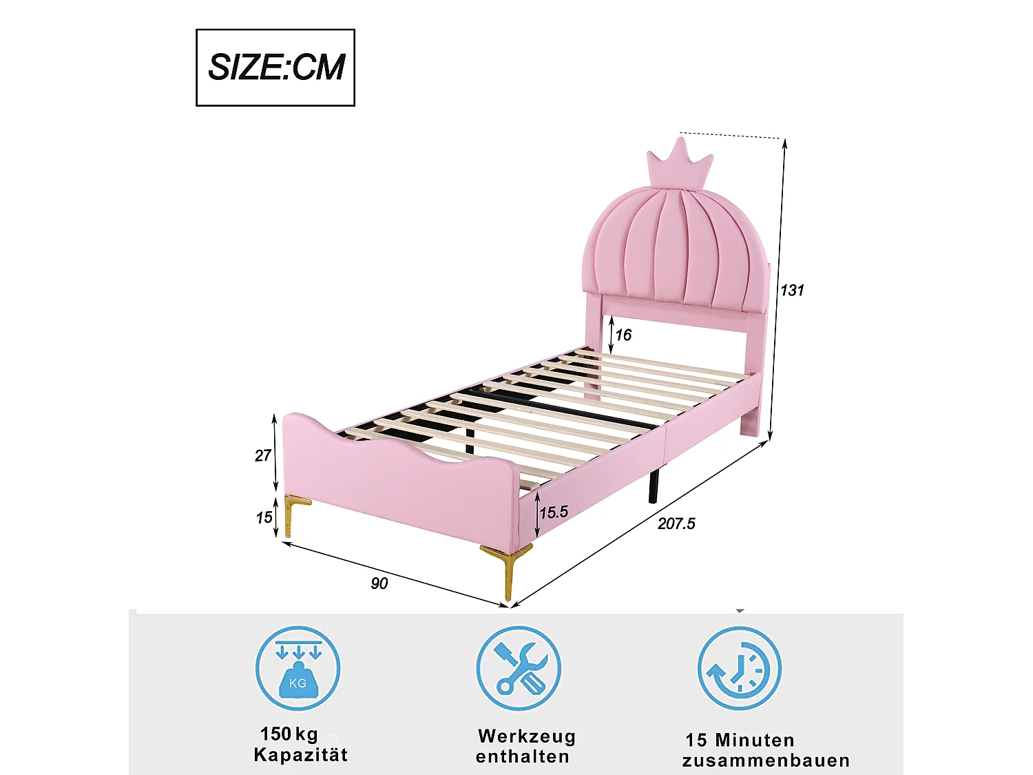 Lit capitonné 90 x 200 cm - Simili cuir et métal - Tête de lit en forme de couronne - Coloris rose
