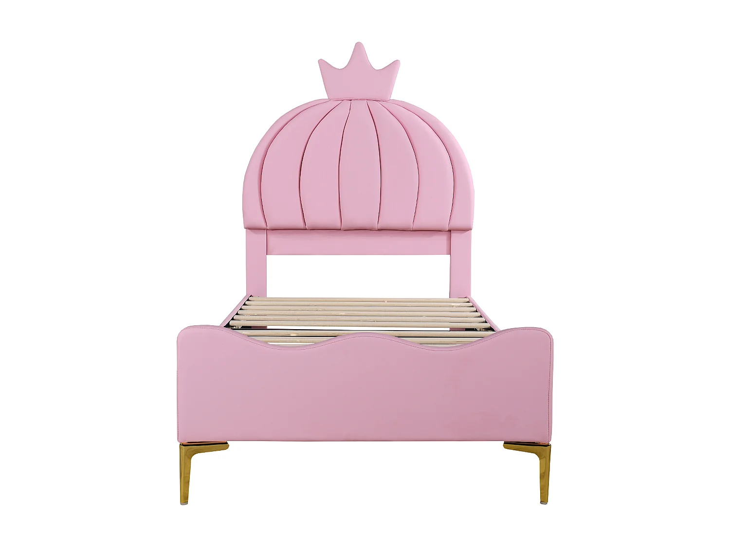 Lit capitonné 90 x 200 cm - Simili cuir et métal - Tête de lit en forme de couronne - Coloris rose