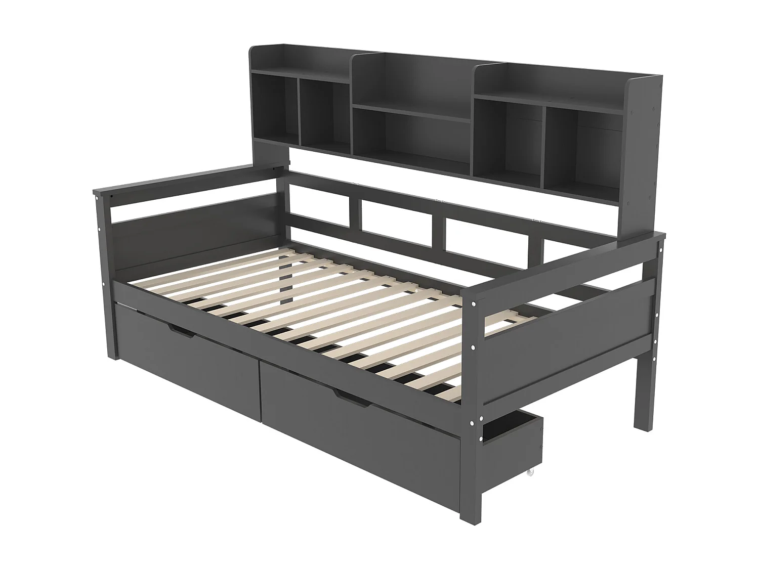 90 x 200 cm großes Massivholzbett – 2 Schubladen und Bücherregal – Lattenrost – Grau