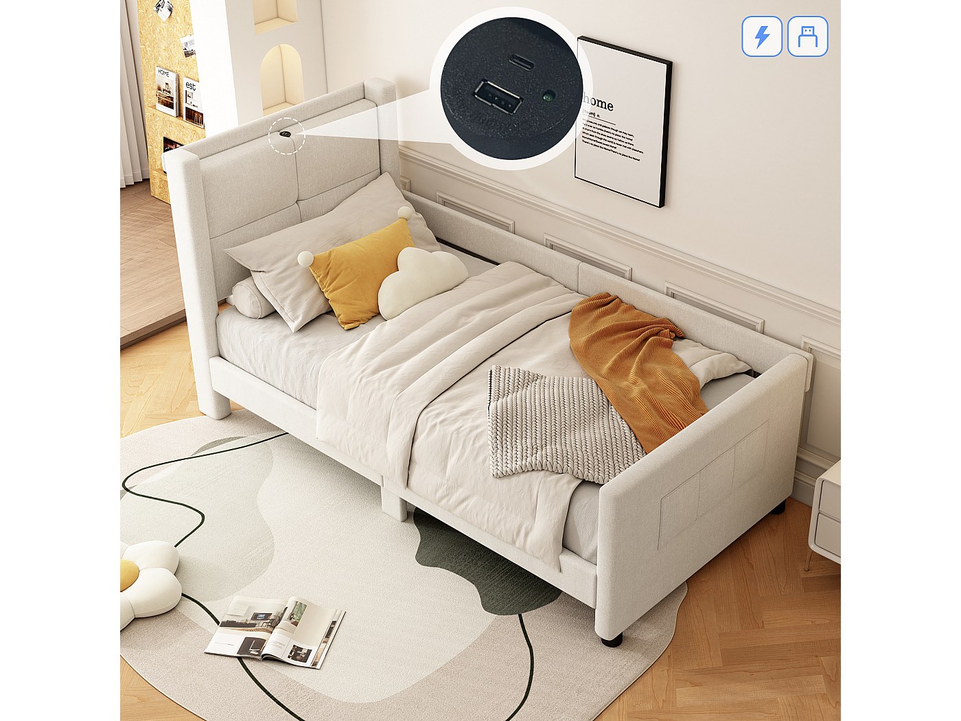 Letto imbottito 90 x 200 cm con testiera - Prese USB e protezioni ...