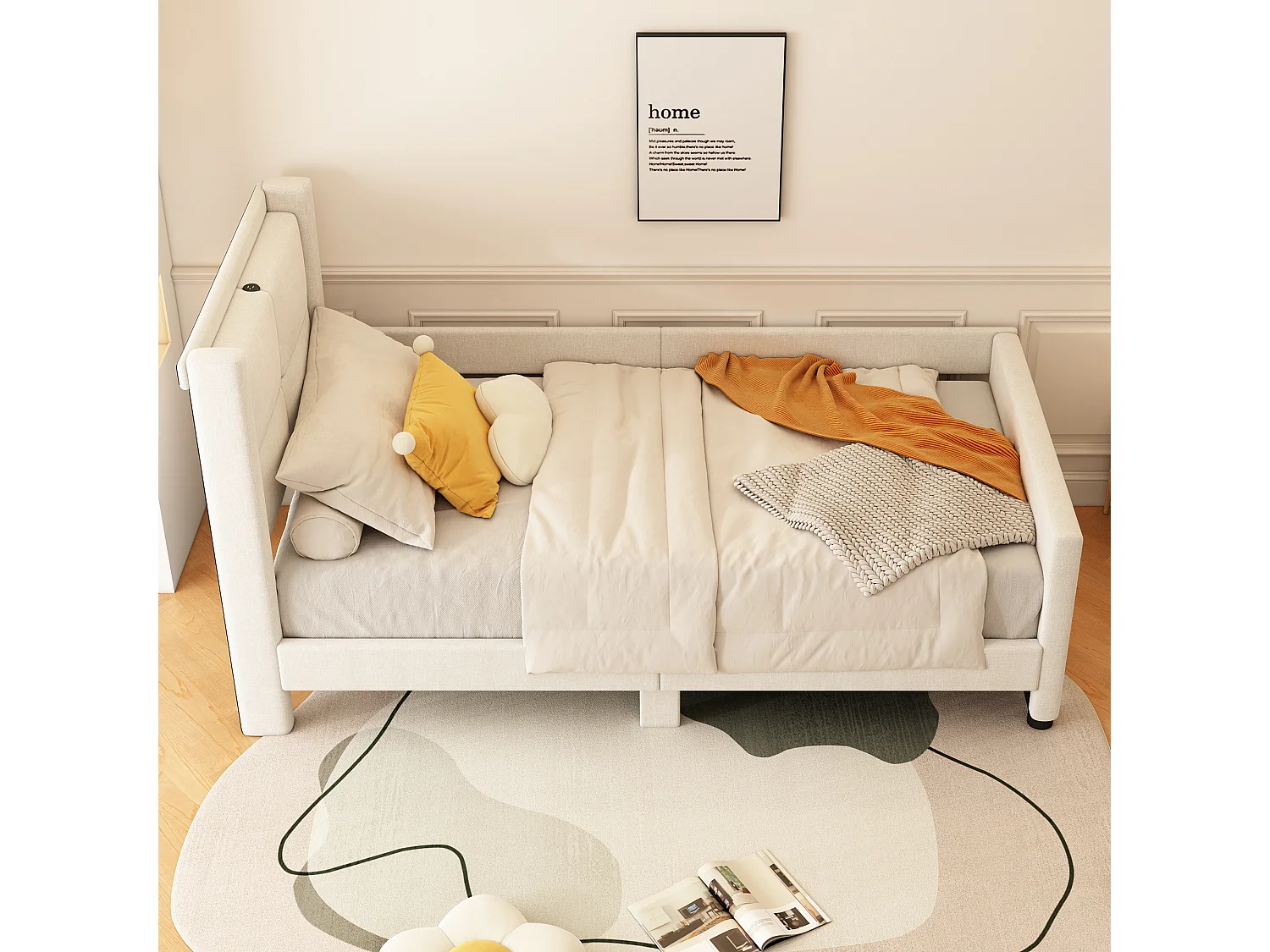 Lit capitonné 90 x 200 cm avec tête de lit - Prises USB et protection latérale - Tissu en lin - Coloris beige