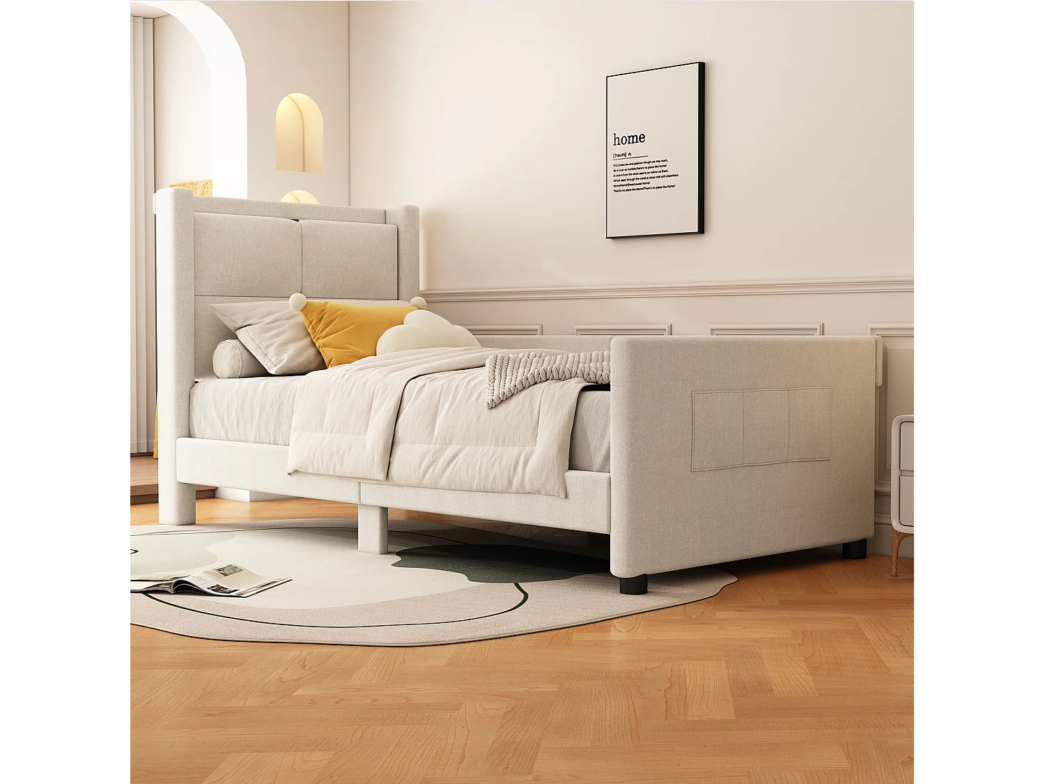 Lit capitonné 90 x 200 cm avec tête de lit - Prises USB et protection latérale - Tissu en lin - Coloris beige