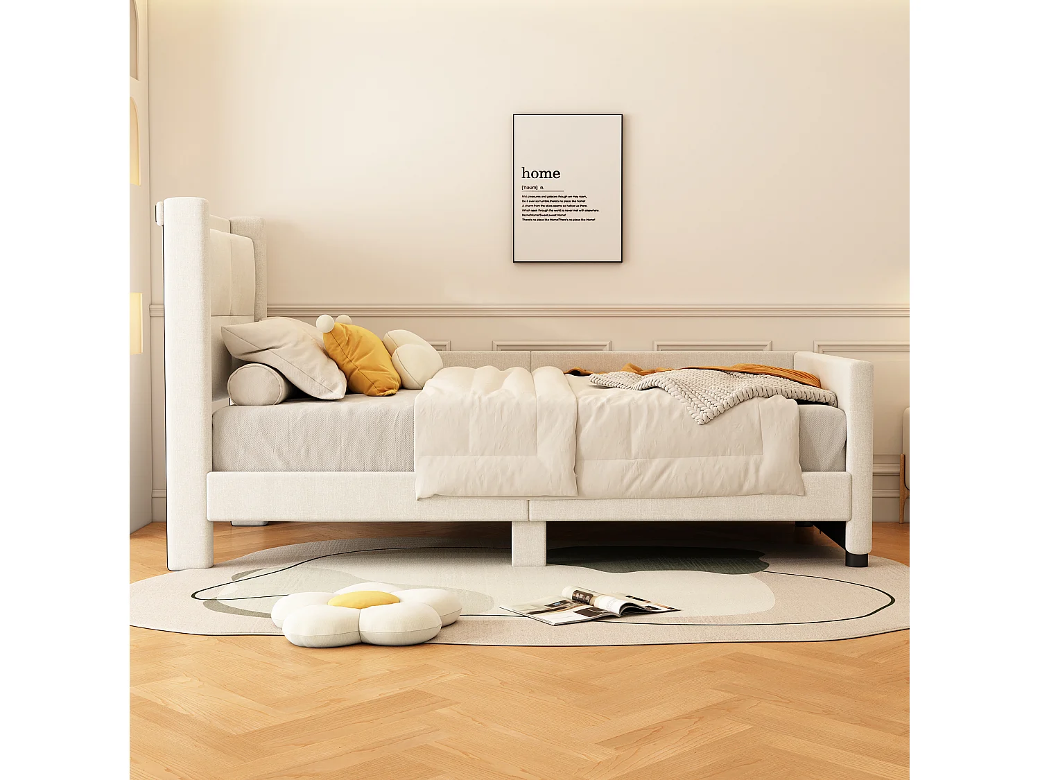 Lit capitonné 90 x 200 cm avec tête de lit - Prises USB et protection latérale - Tissu en lin - Coloris beige